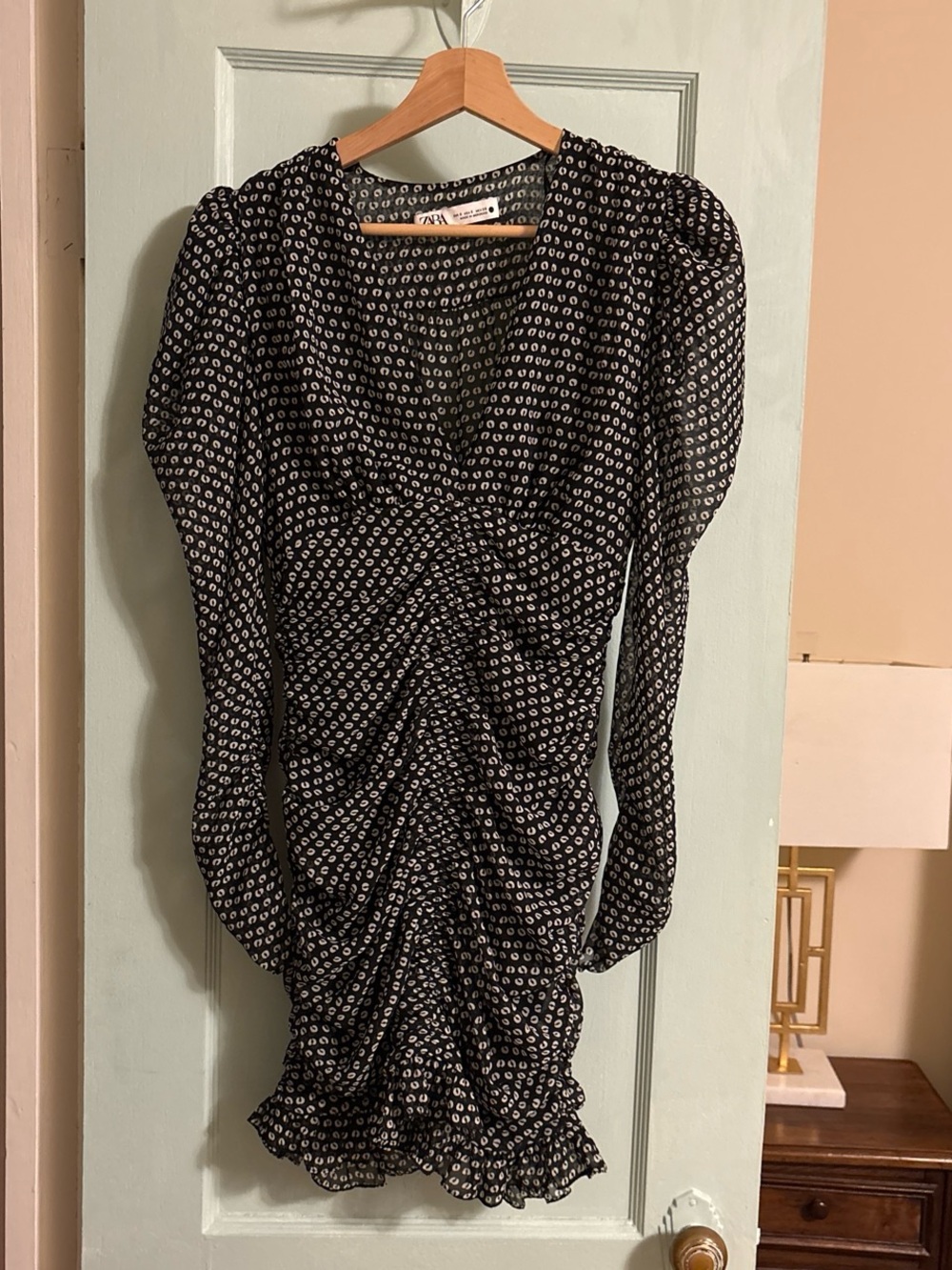 Zara Black Printed Ruched Mini Dress with White Dot Motif